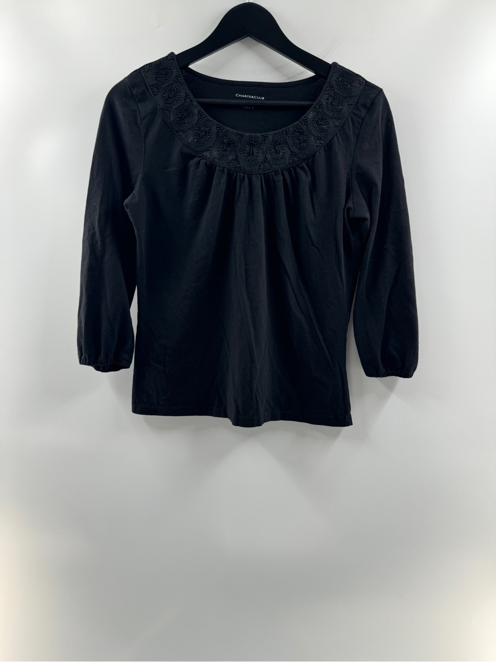 Charter Club Black Beaded Embroidered Neck Top Women’s Small